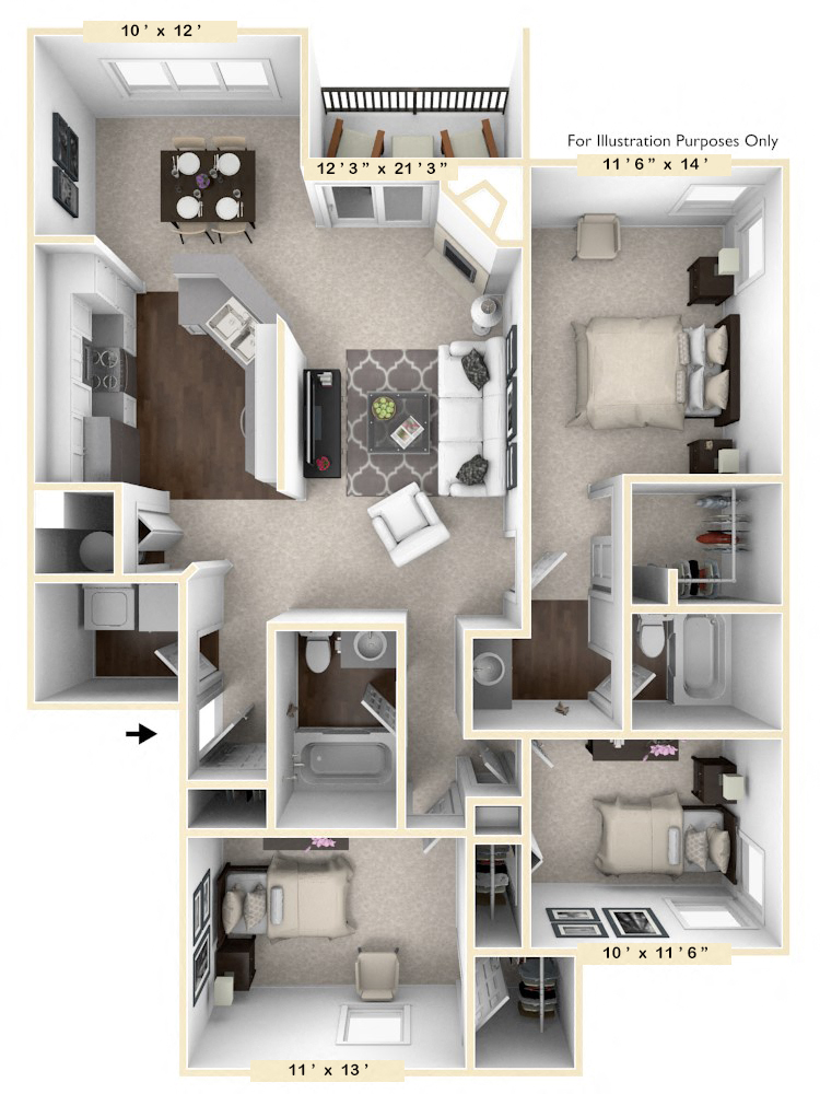 Floor plan for 3 beds, 2 baths, 1370 sqft